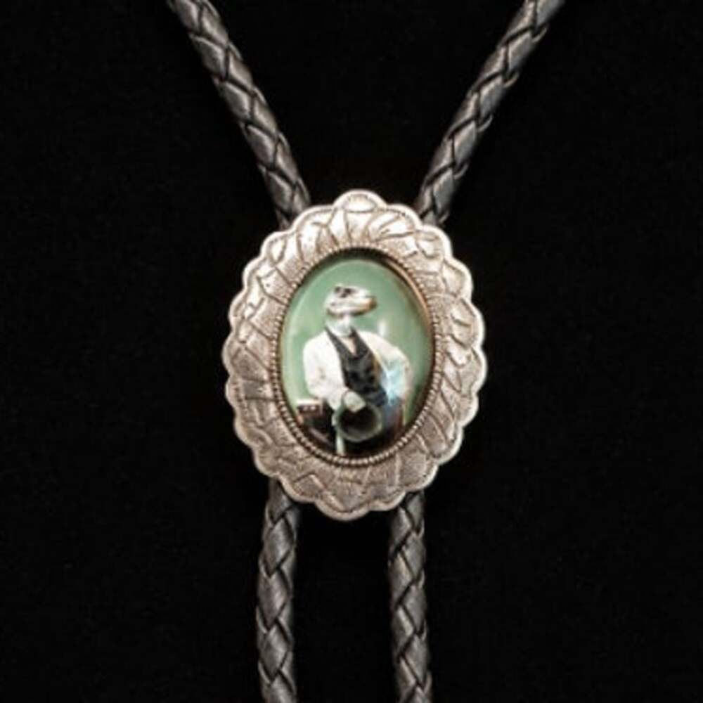 Bolo Tie Dinosaur Gentleman with Old Time Clothes Pewter Tone Metal Black Cord